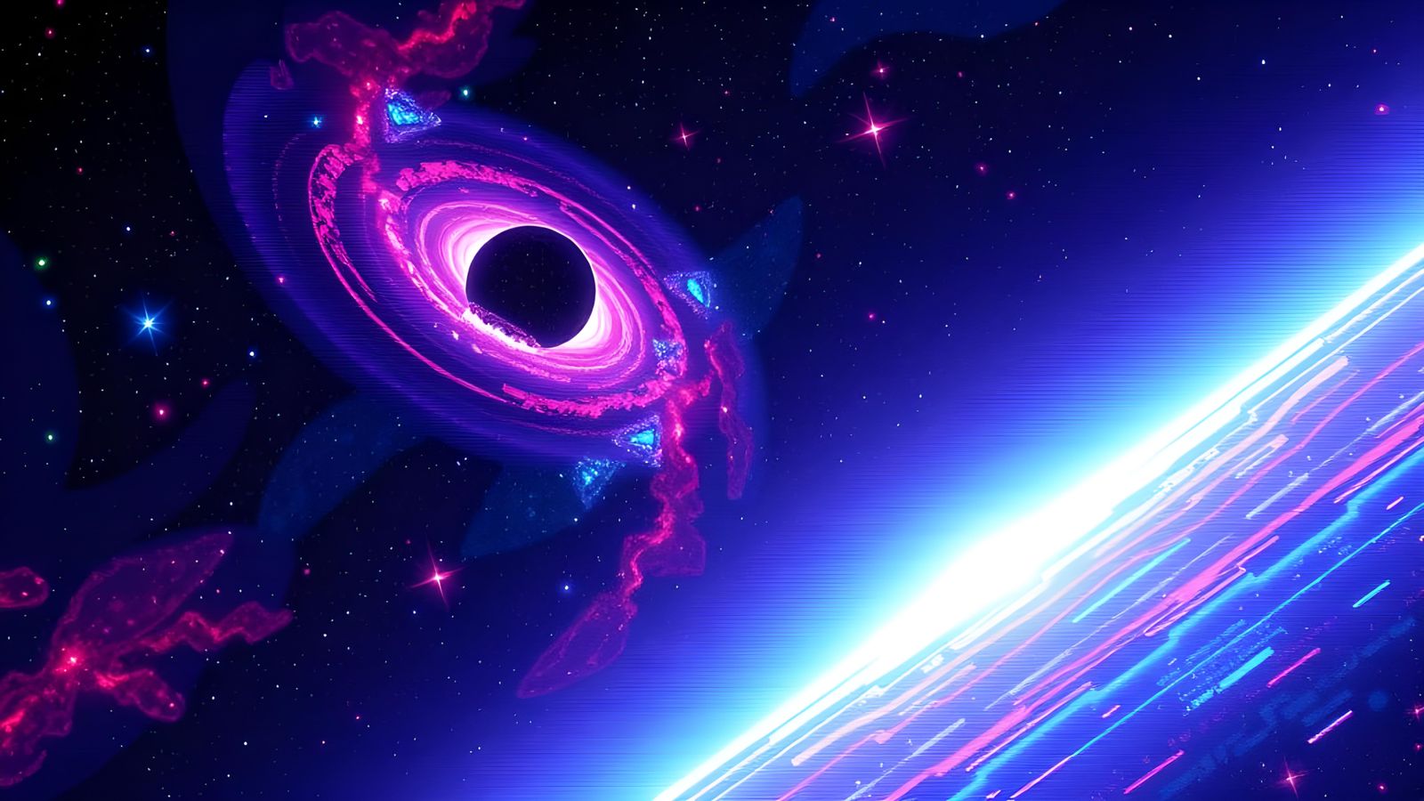 Glitched 8-Bit Galaxy in Synthwave Style