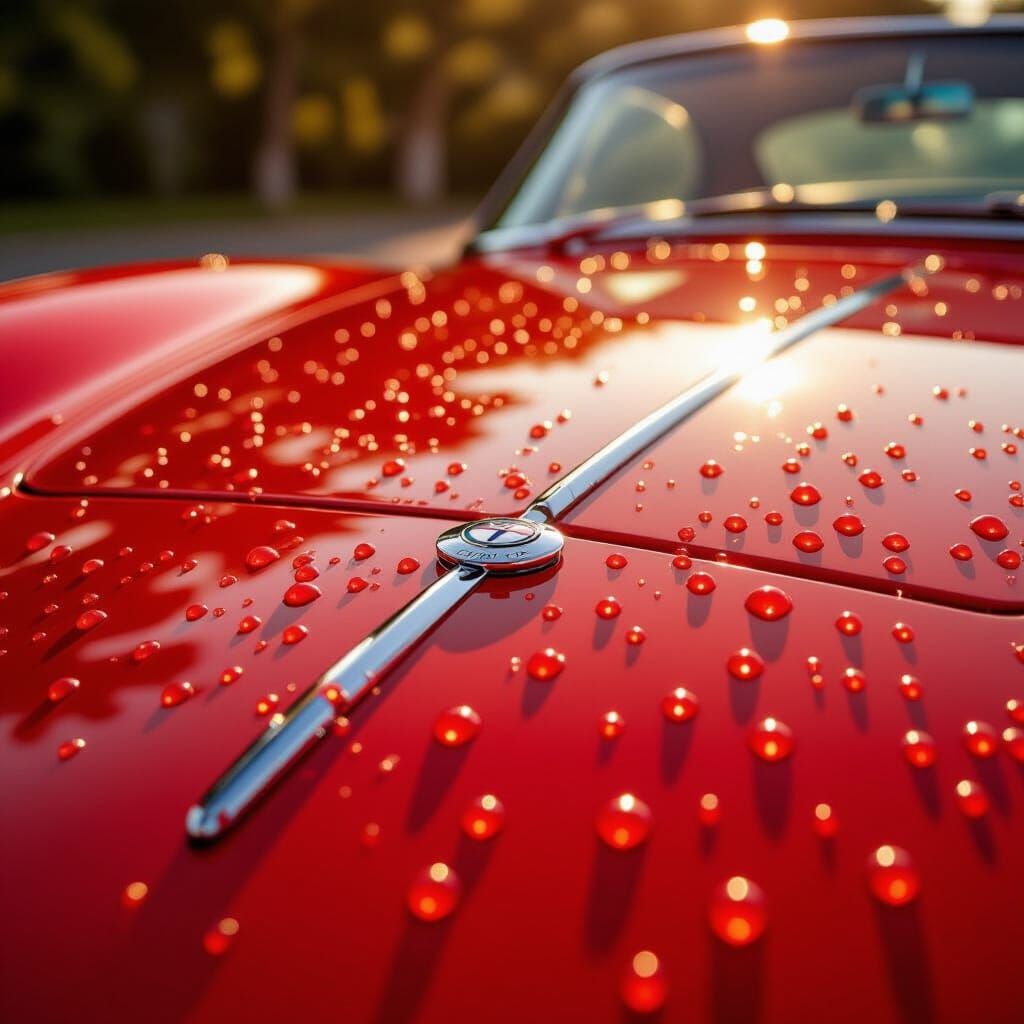 Hyperrealistic Close-Up of a Red Sports Car Hood