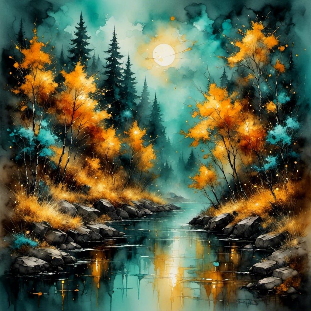 Abstract Watercolor Painting with Ink Details