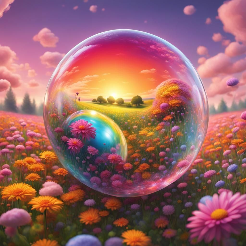 Planet in Bubble Among Colorful Flowers