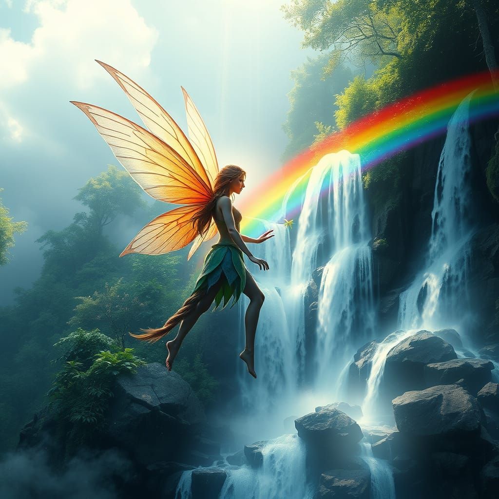 Vibrant Fairy in Rainbow and Waterfalls Double Exposure