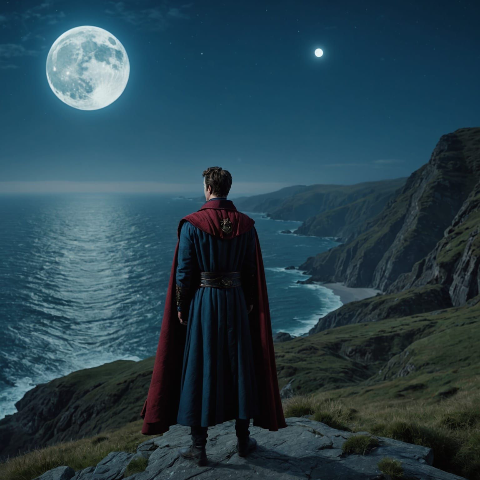 Doctor Strange Observes Bioluminescent Ocean Under Moonlight