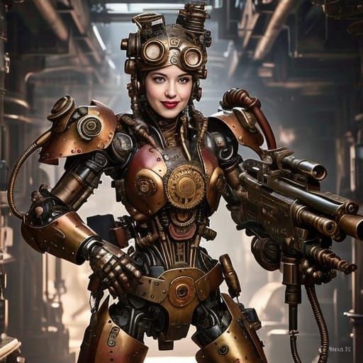 Steampunk Woman Winks in WWIII Mech Suit