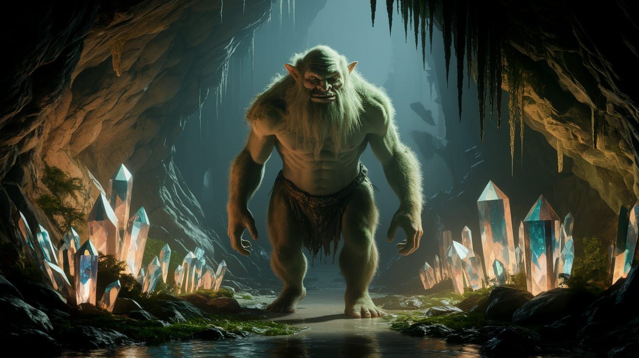 Moss Troll Guarding Crystal Cave, Photorealistic Style