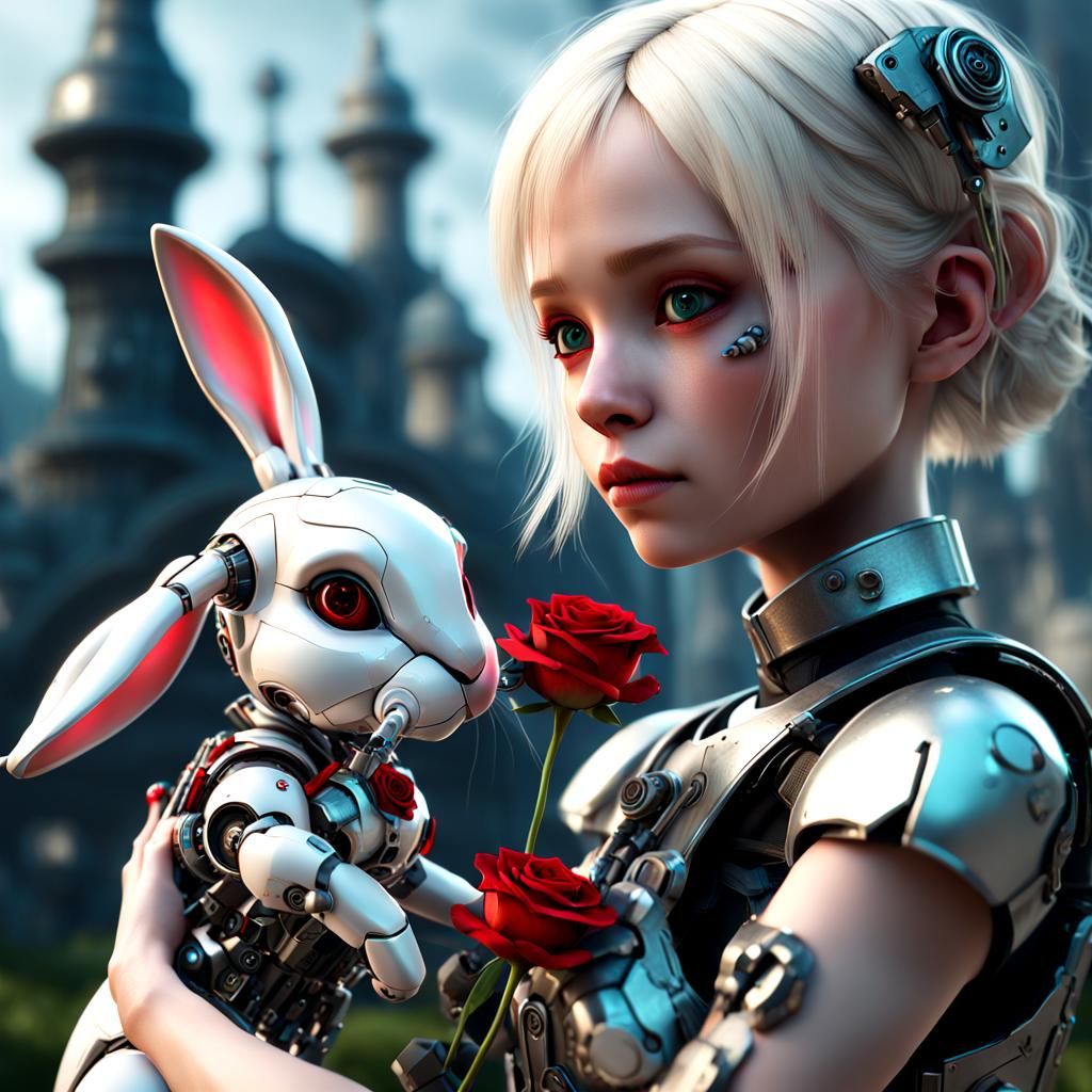 Cyborg Girl with Robotic Bunny in Sci-Fi Style