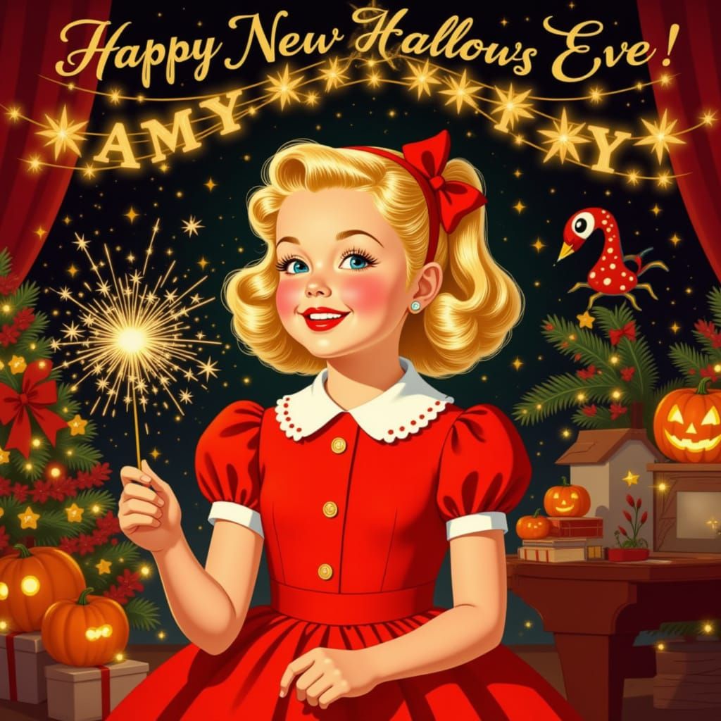 Vintage Poster of Girl with Sparkler on 'New Hallows Eve'