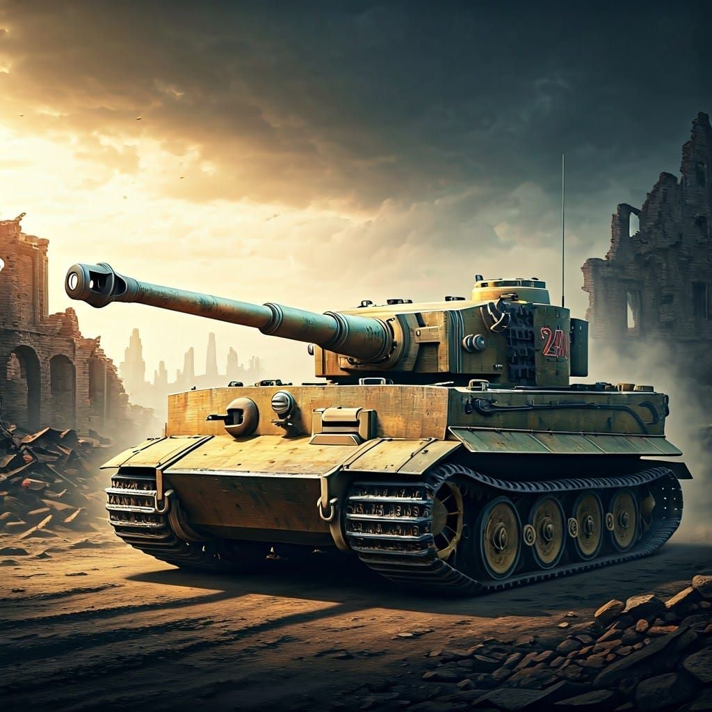 German Tiger I Tank in Ruins of War-Torn Europe