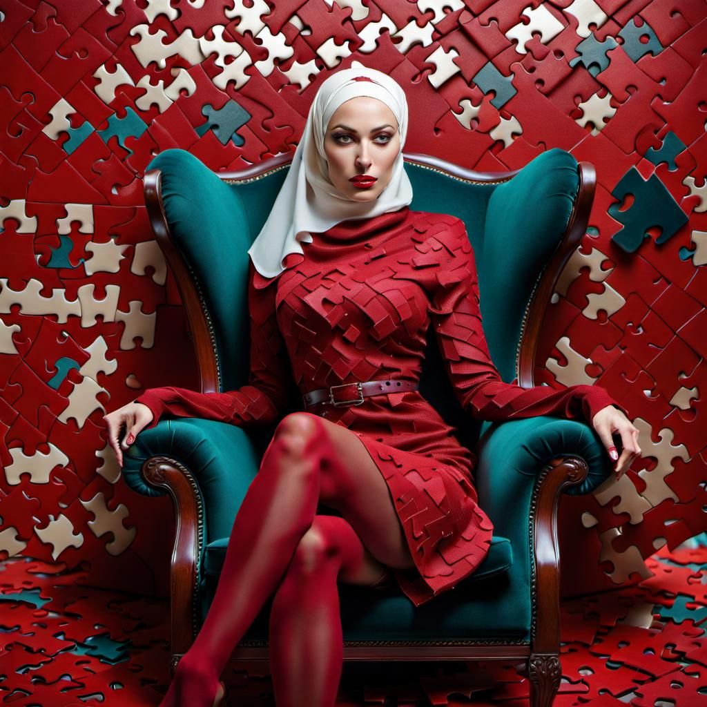 Woman in Red Hijab Surrounded by Puzzles