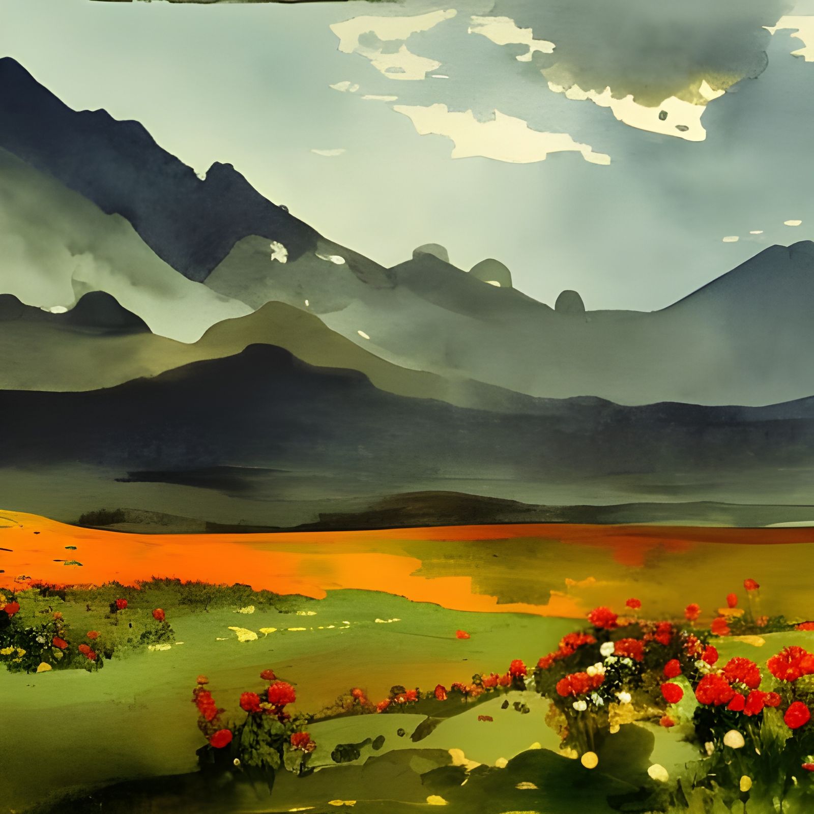 Floral Valley Landscape in Watercolor Style