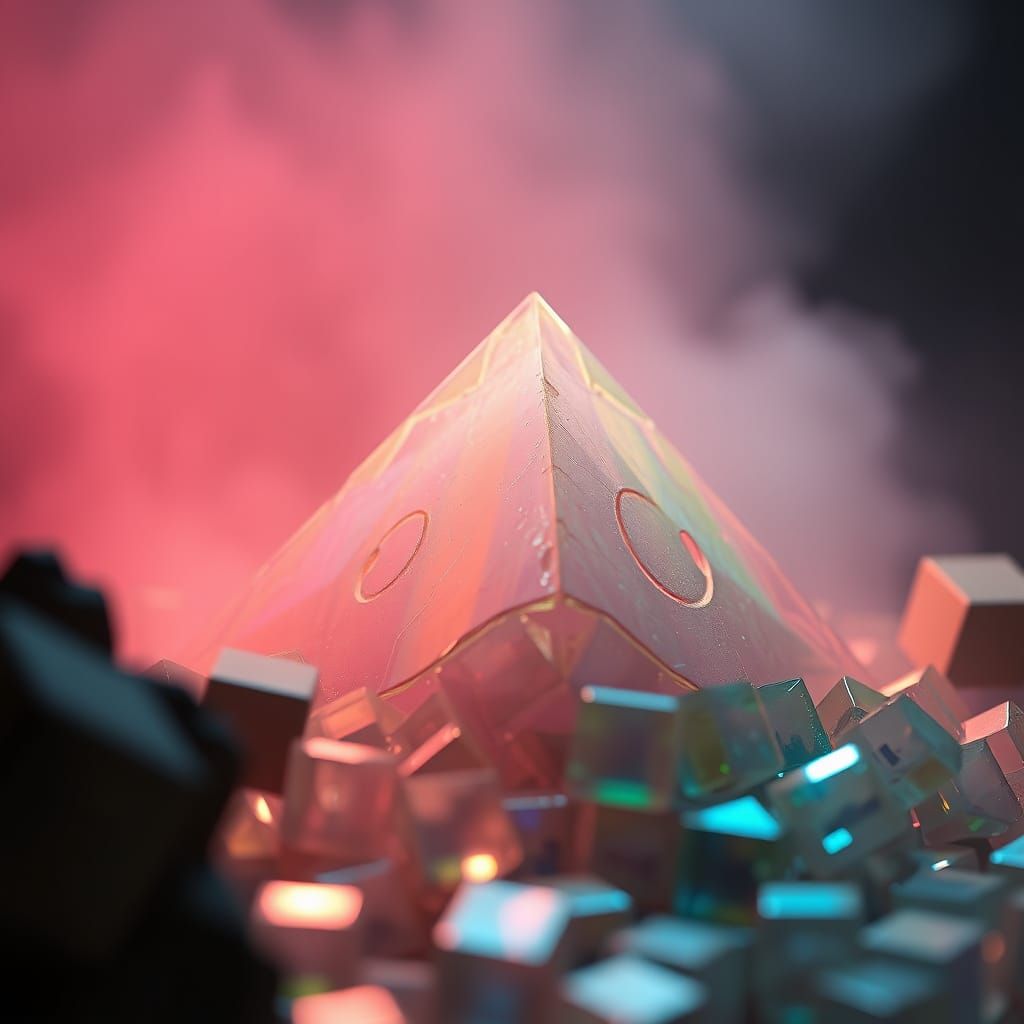 Melting Iridescent Pyramid with Smiling Face in Misty Light