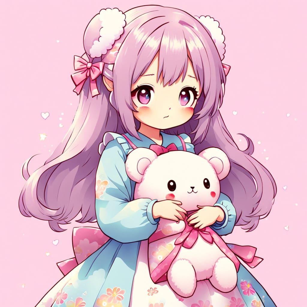 Anime Style Japanese Woman with Plushie in Pastel Colors