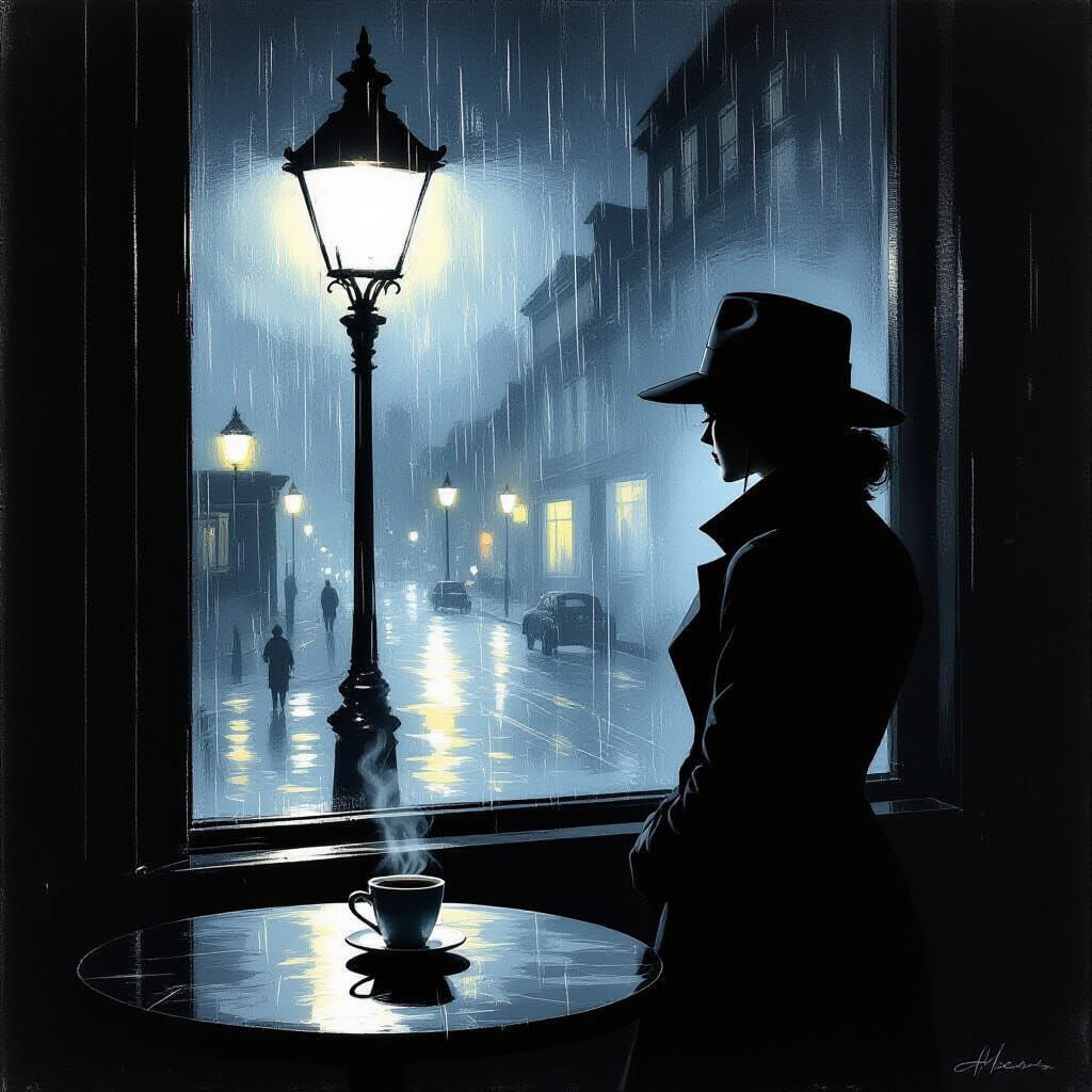 Film Noir Detective at Rain-Streaked Window
