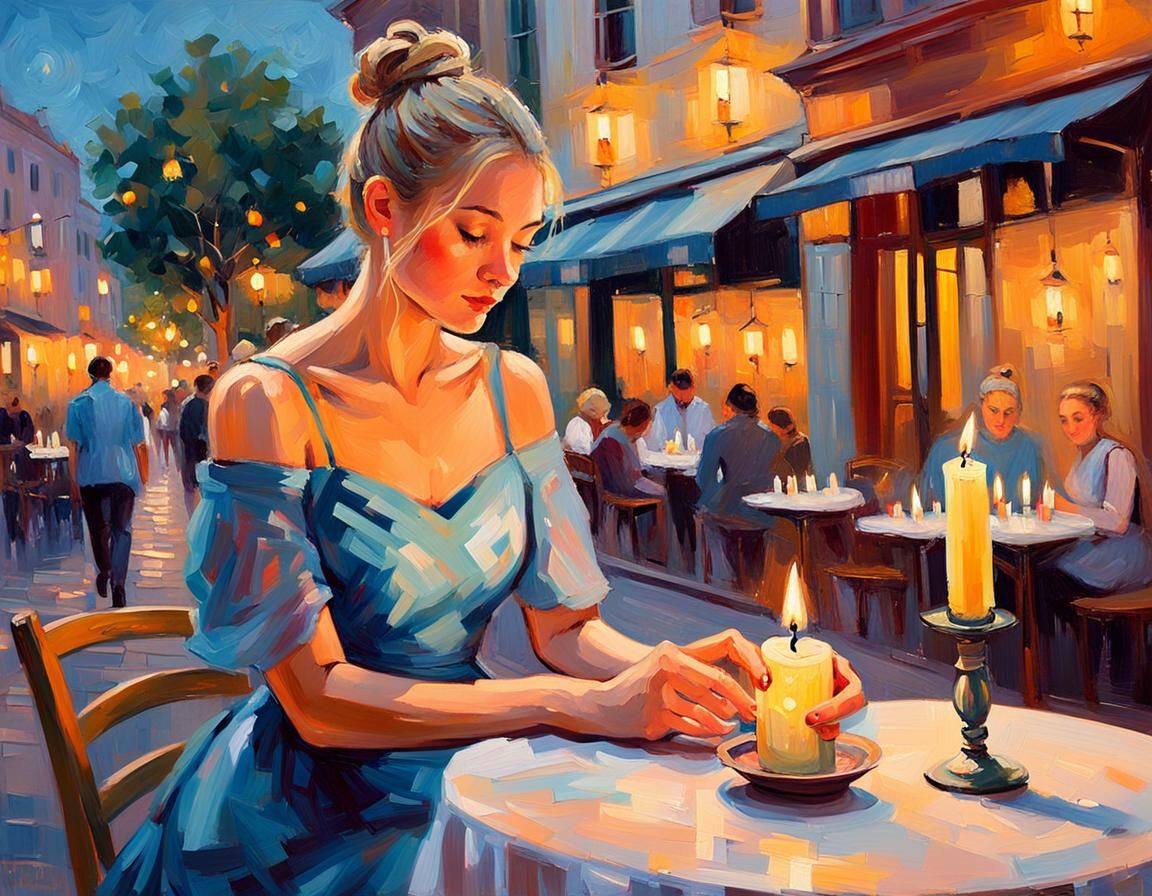 Impressionist Woman in Cafe with Candlelight