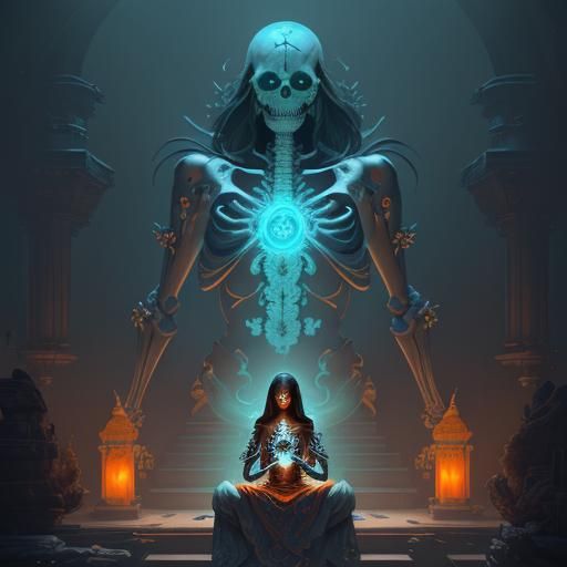 Meditating Skeleton Woman in Ornate Setting