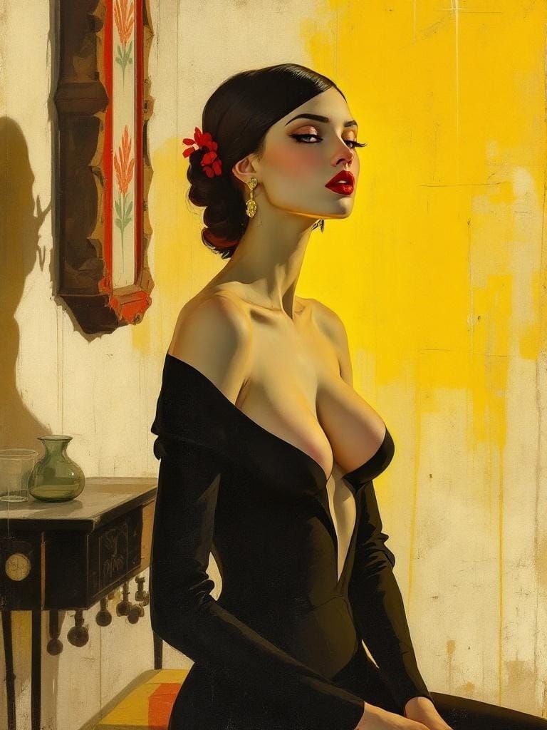 Elegant Figure with Flower in Hair, Vintage Pin-Up Style