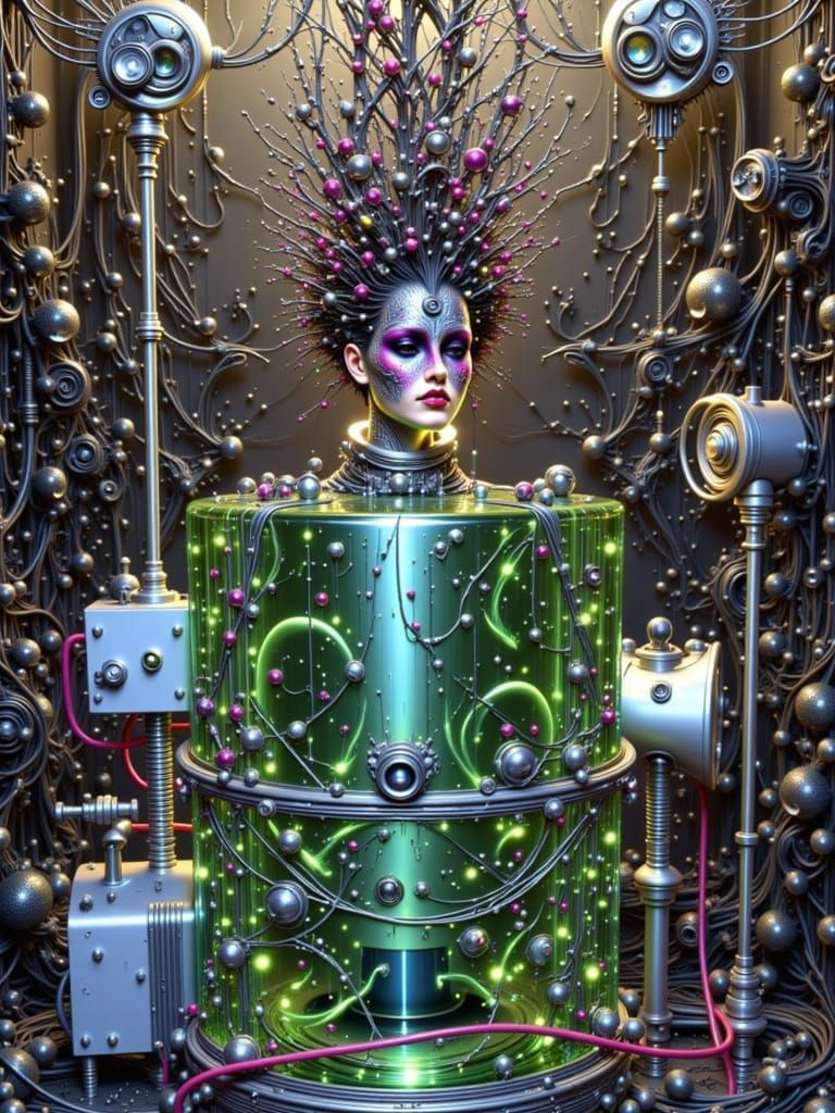 Woman in Green Tube with Futuristic Helmet, Synthwave Style