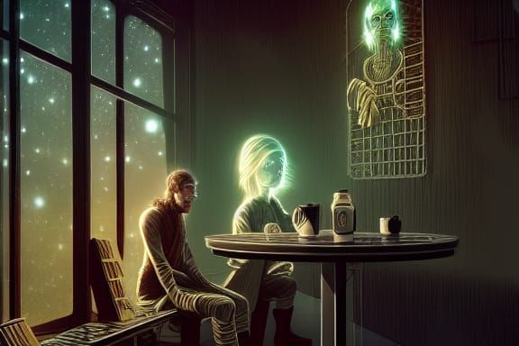 Cosmic Last Cafe: Human and Android Coffee Break