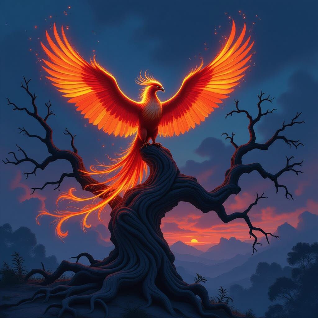 Majestic Phoenix Ablaze on Ancient Tree in Twilight