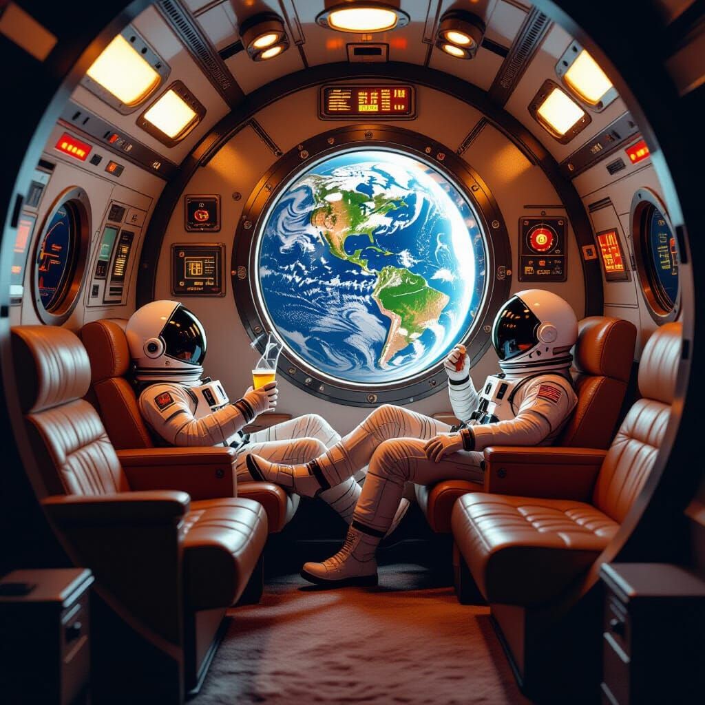 Cozy Rocket Ship Cabin with Astronaut in Retro-Futuristic St...