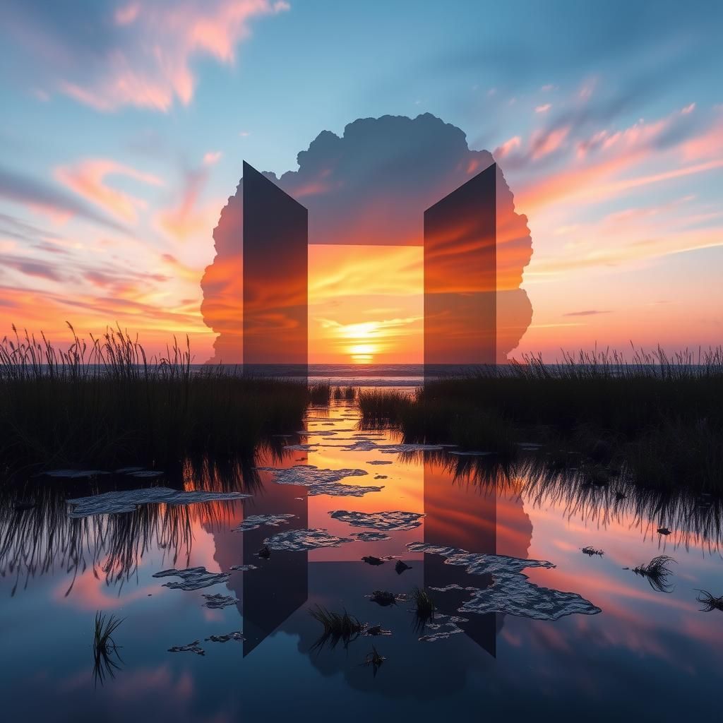 Dreamy Sunset Wetlands in Double Exposure Fantasy Art