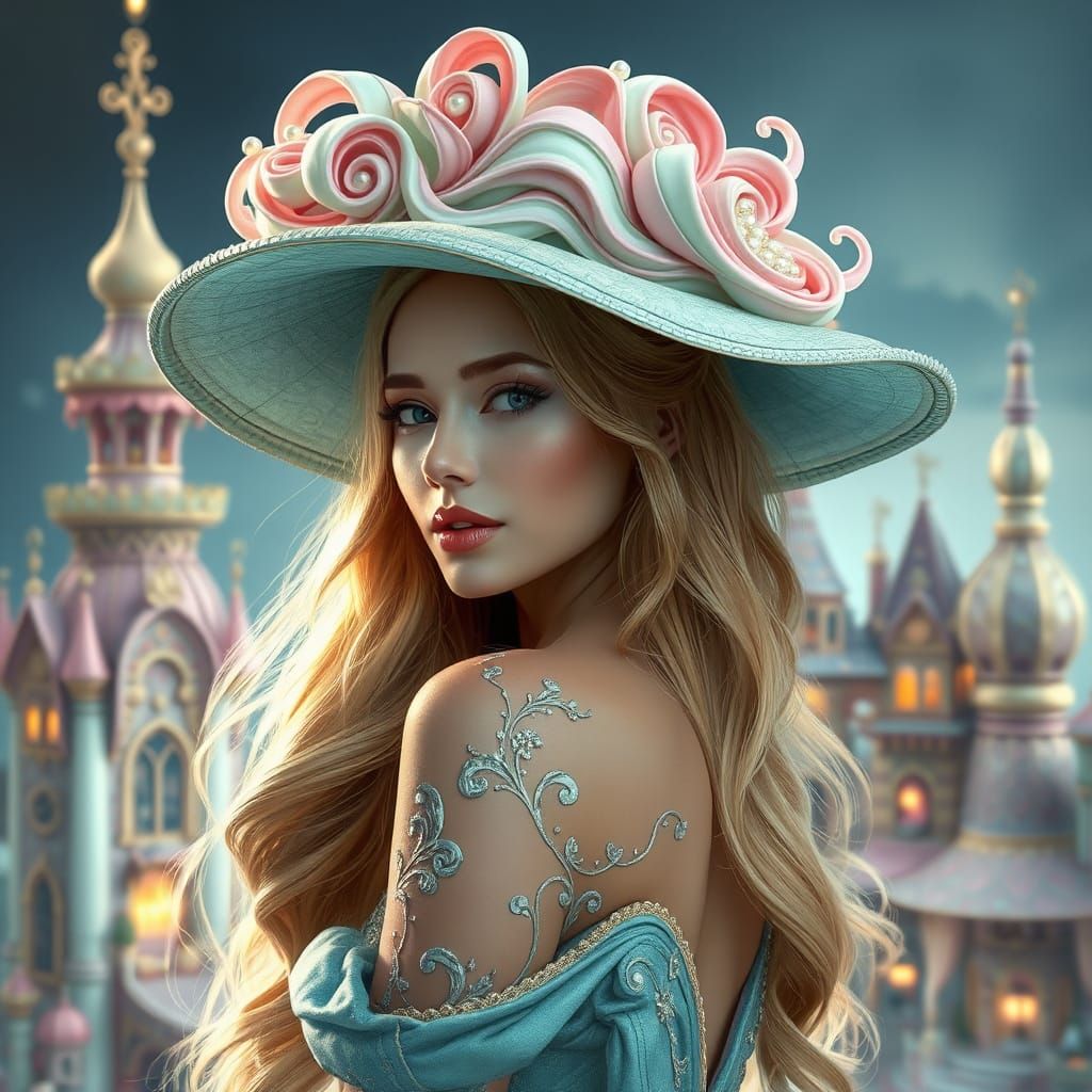 Ethereal Woman in Whimsical Sugar Palace