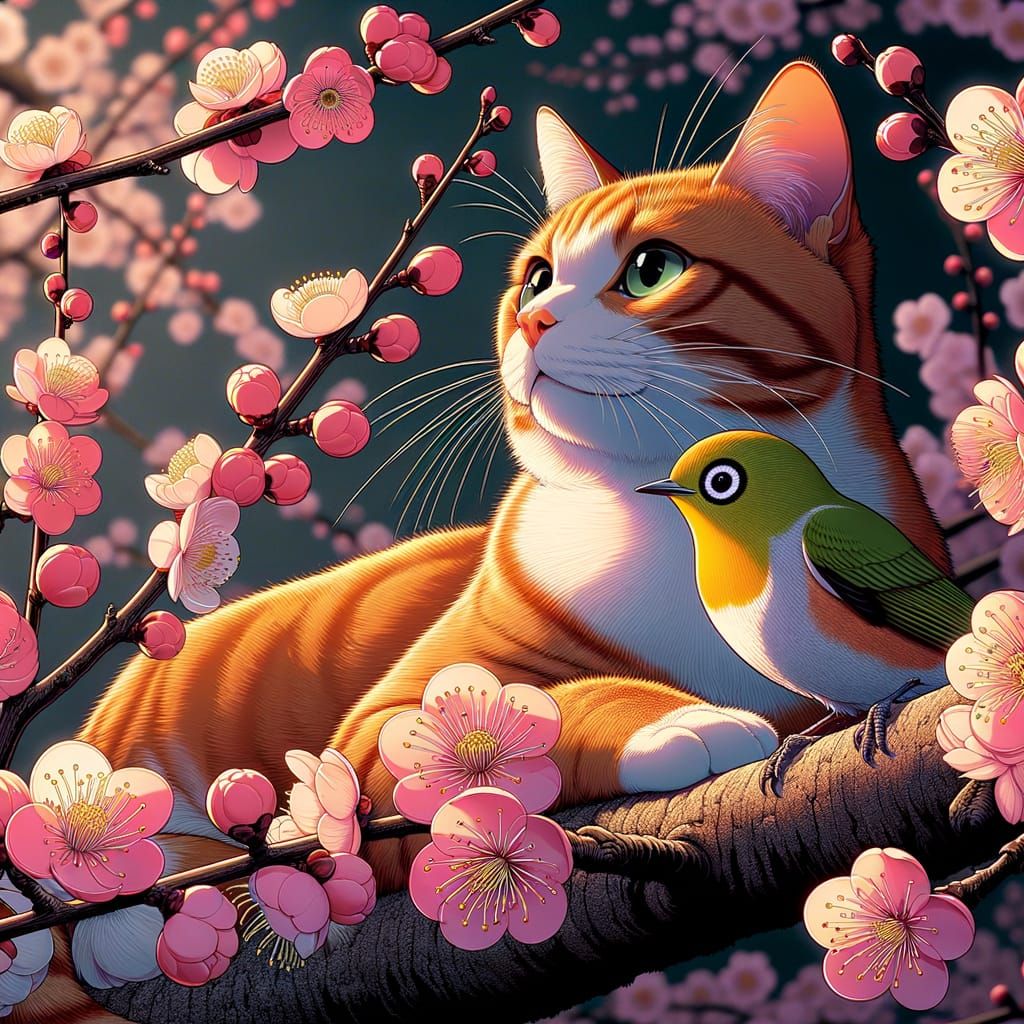 Ginger Cat and White-Eye Bird in Plum Blossoms