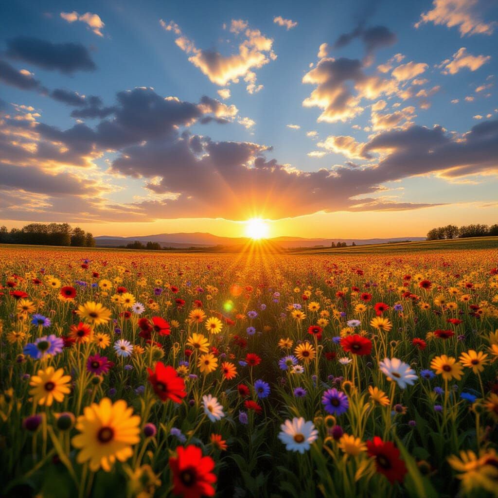 Vibrant Wildflower Field Under Dramatic Skies at Golden Hour