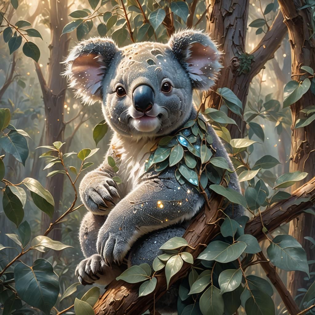 Crystal Koala in Eucalyptus Forest: Ethereal Fantasy Art