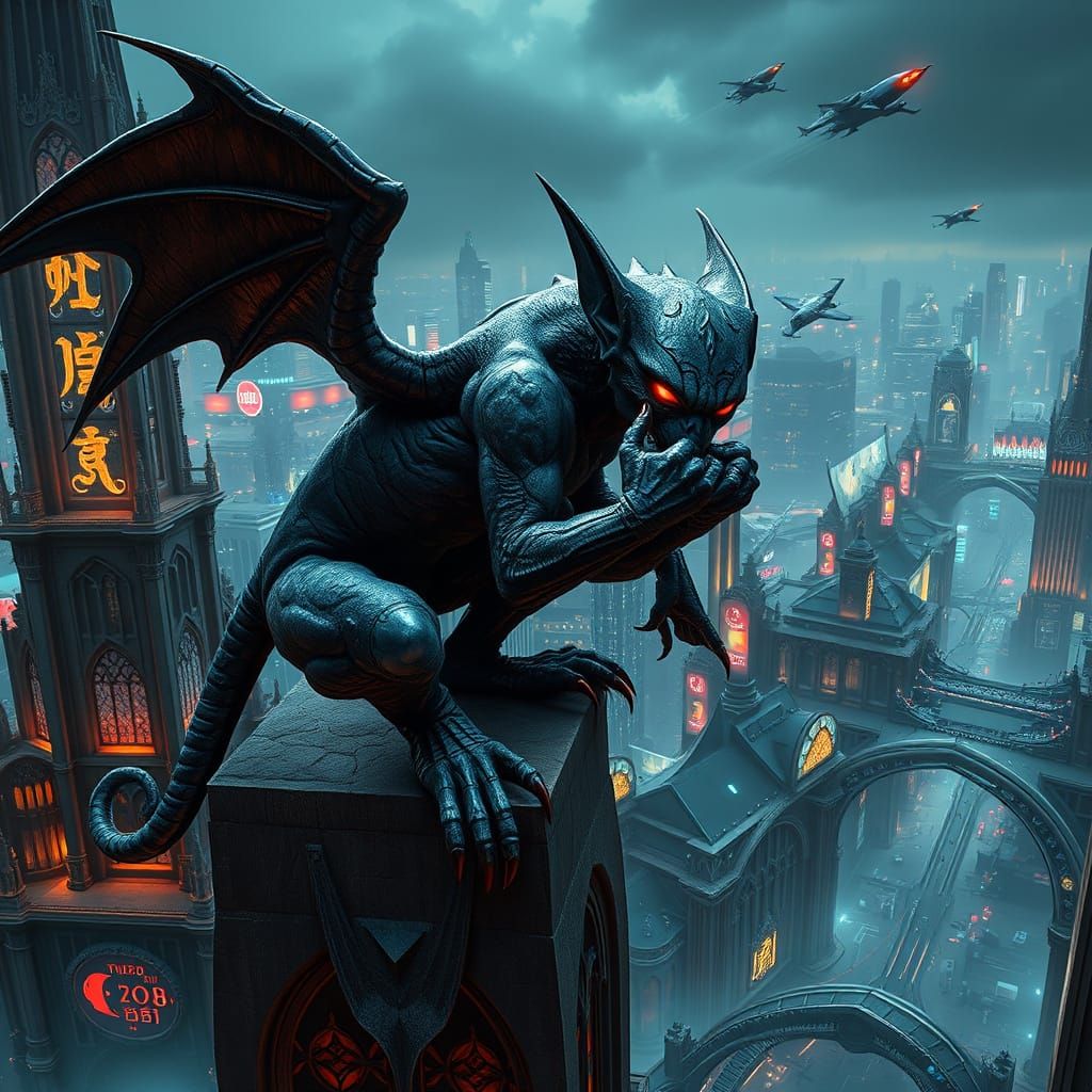 Cyberpunk Gargoyle Perched on Gothic Skyscraper