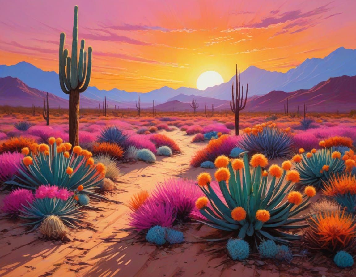 Surreal Desert Sunset with Iridescent Cacti and Vibrant Succ...