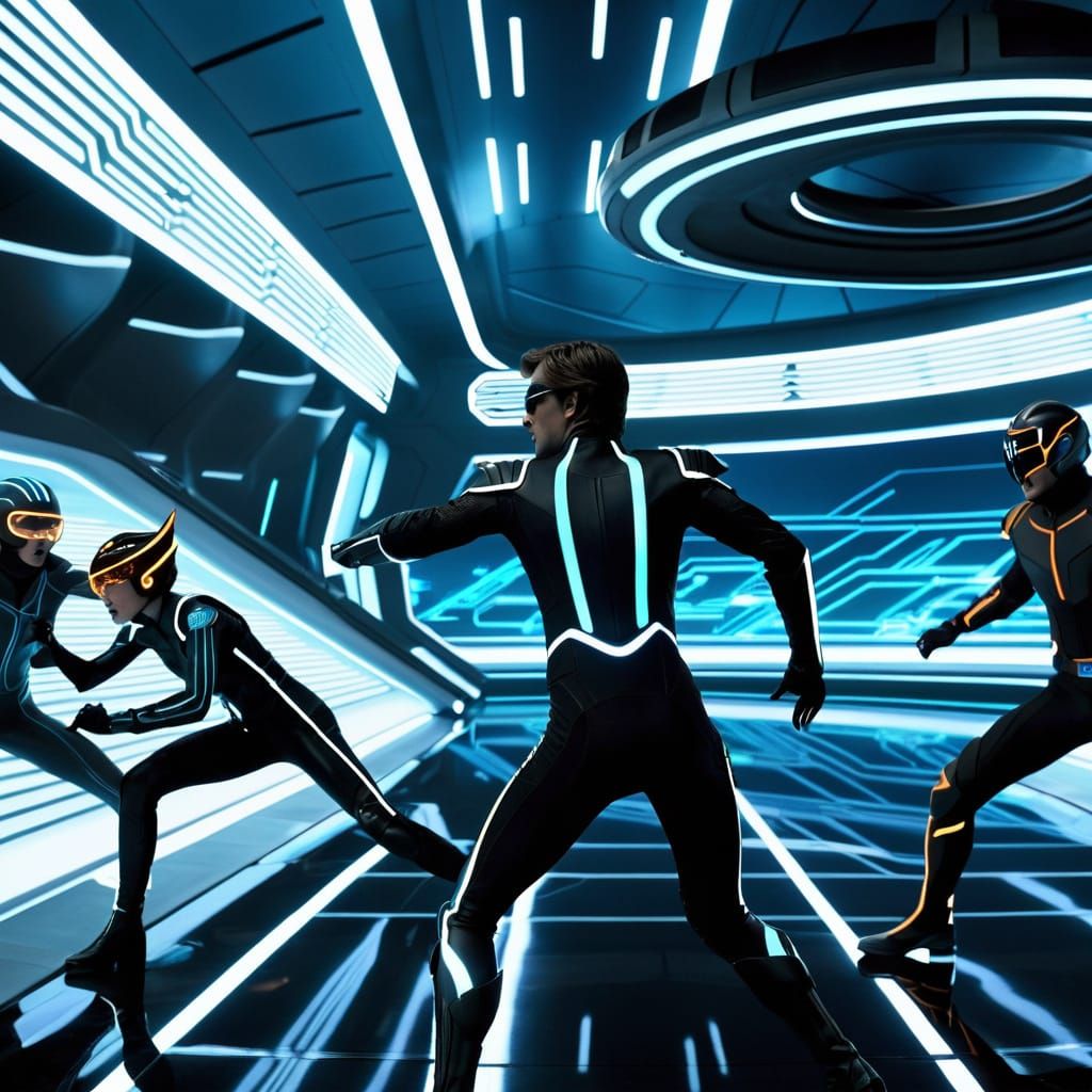 Digital Warriors Clash in Neon-Lit Futuristic Landscape