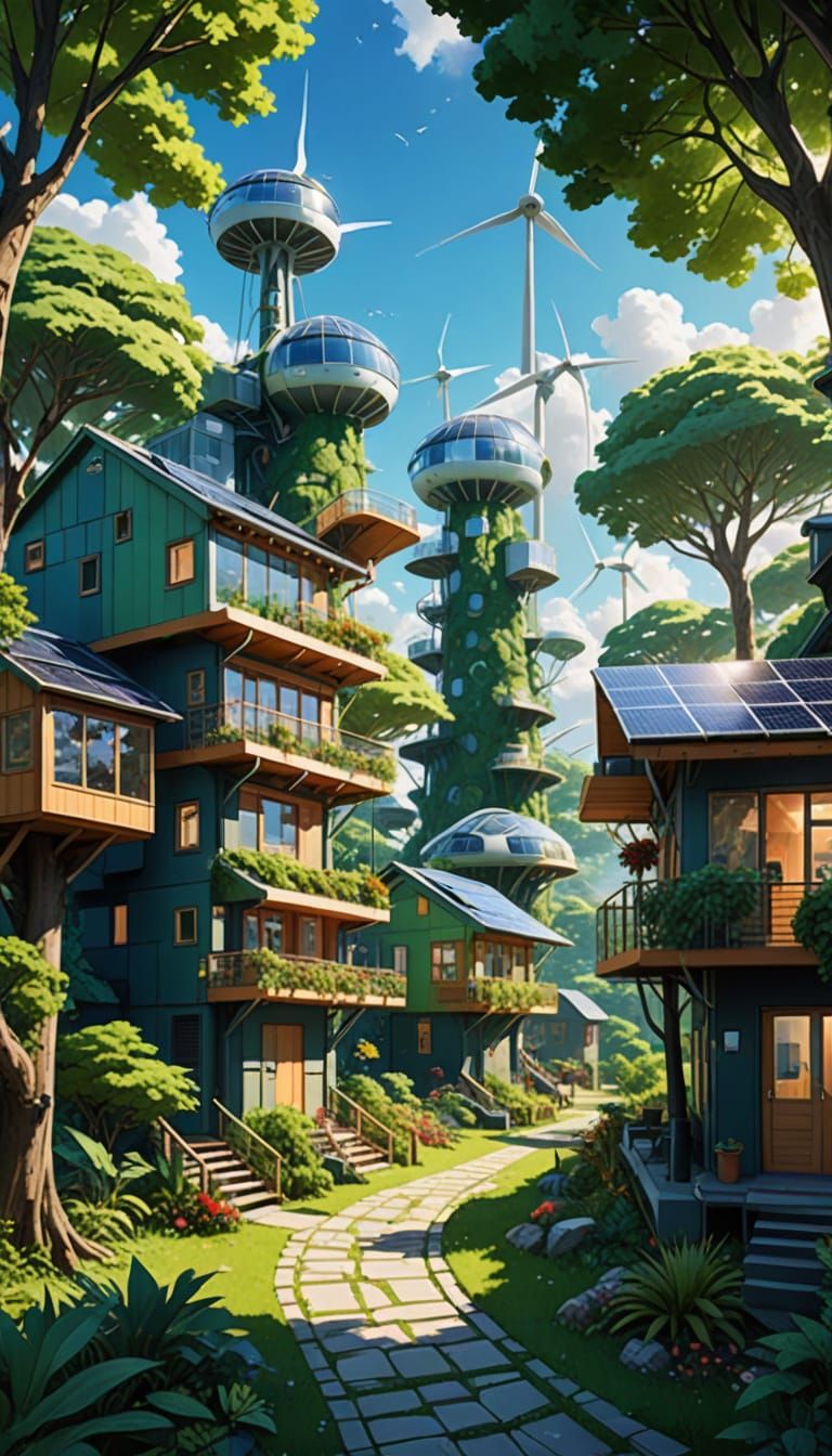 Futuristic Village with Sustainable Energy and Verdant Surro...