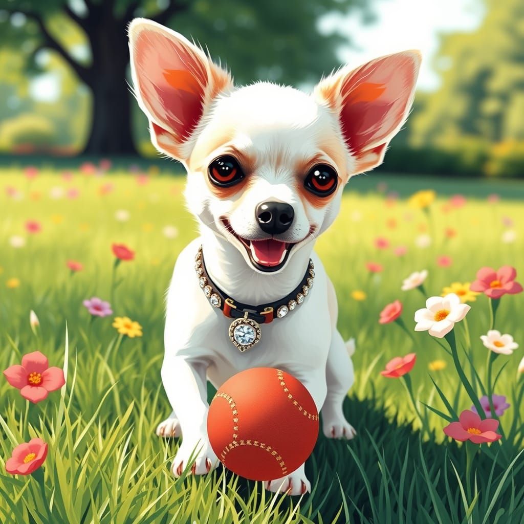 Charming White Chihuahua in Diamond Collar Plays with Ball i...
