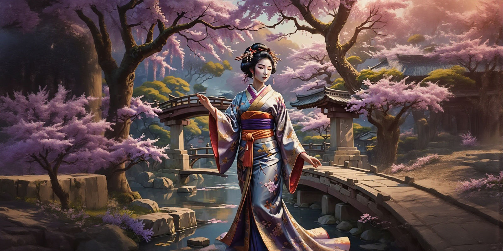 Geisha Dancing in Cherry Blossom Garden: Fantasy Art