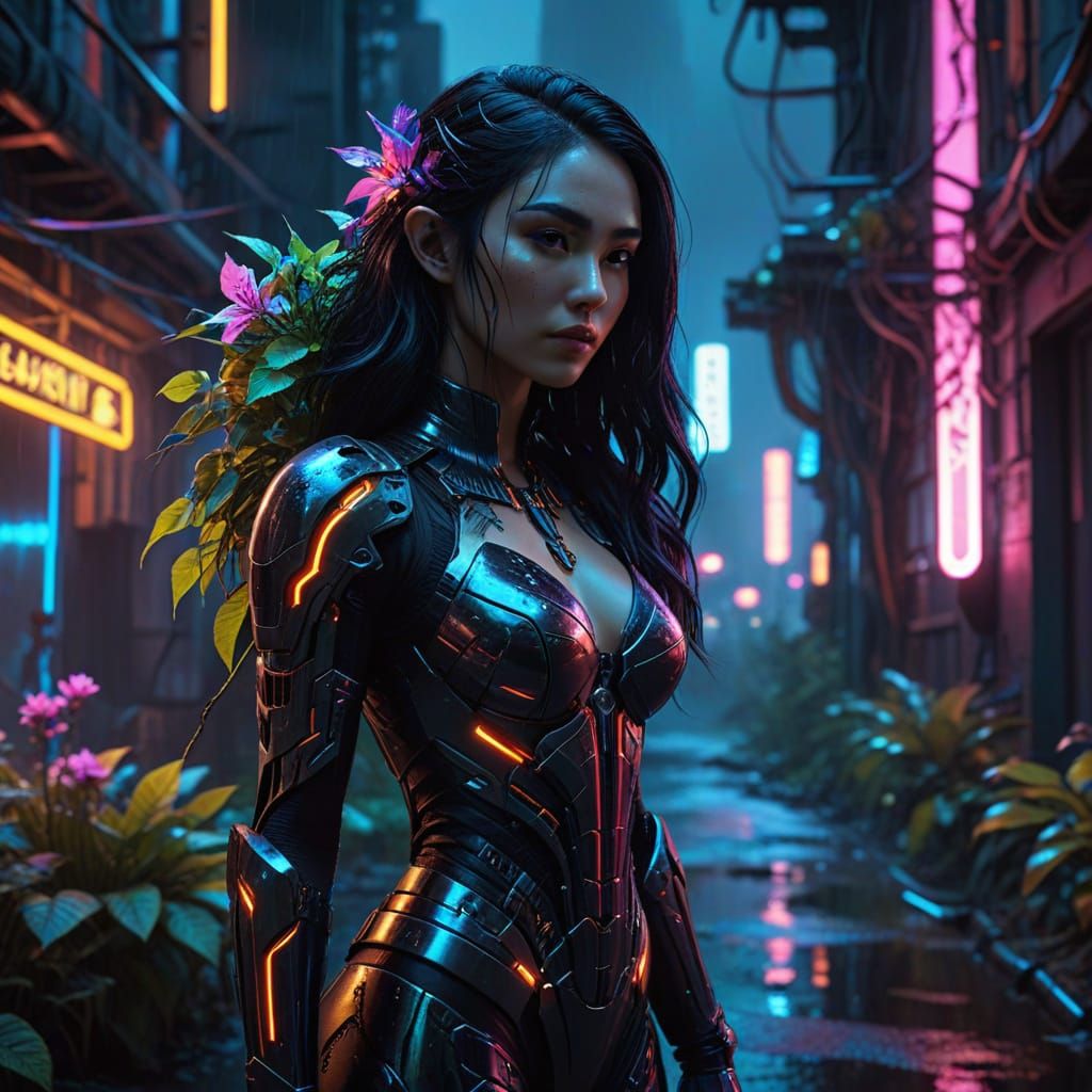Cyberpunk Fantasy Goddess in Neon Dreamscape