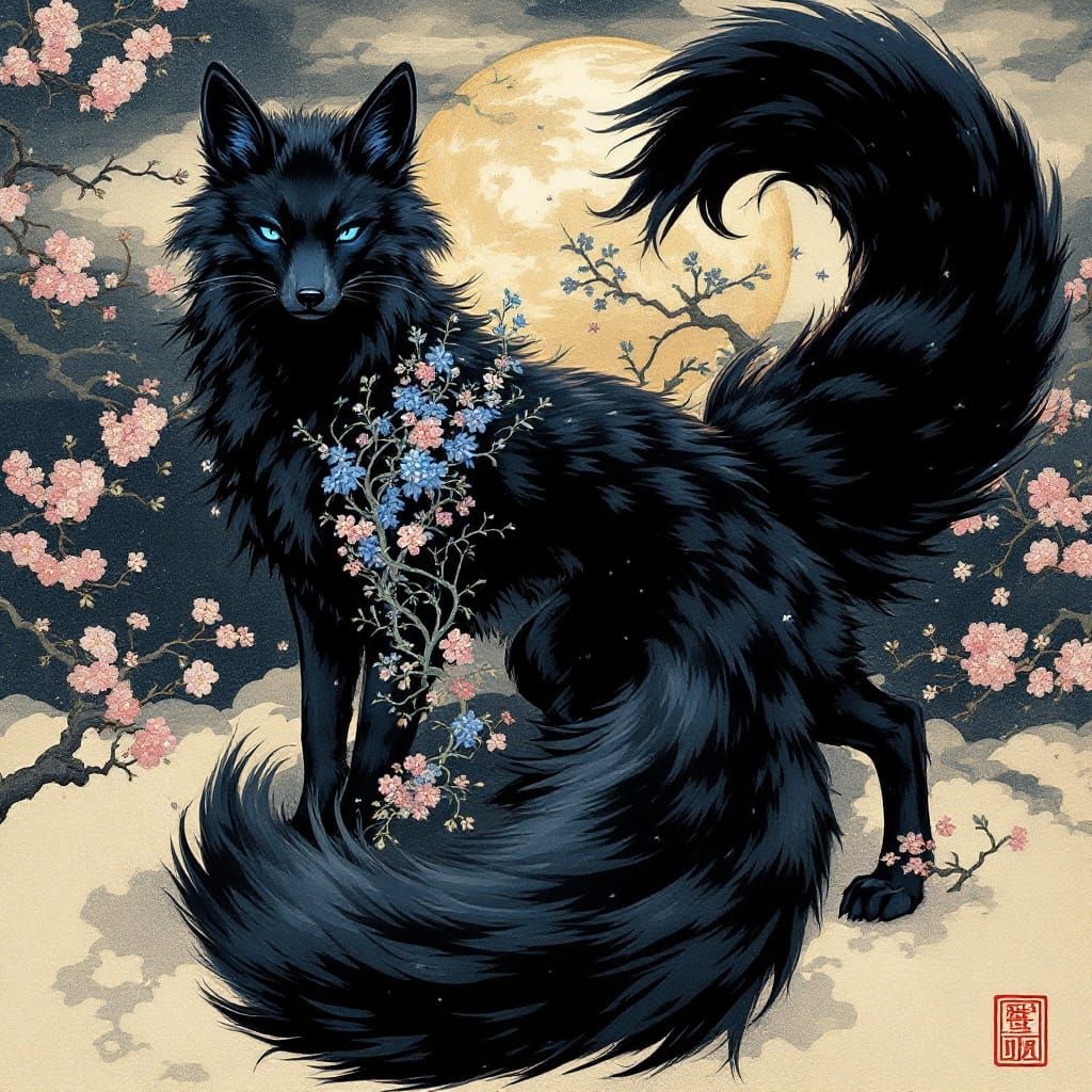 Majestic Nine-Tailed Black Fox in Traditional Japanese Style