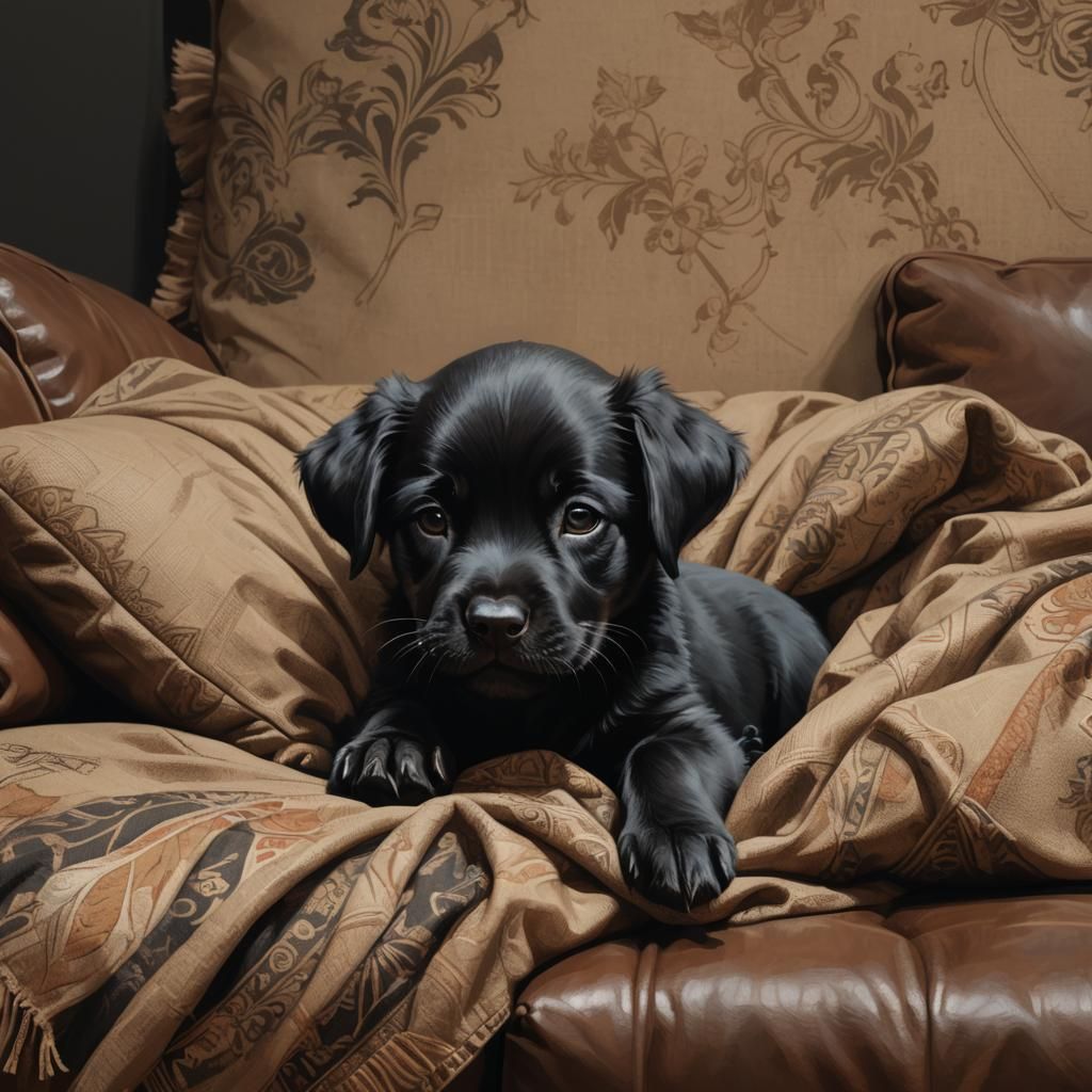 Sleeping Black Puppy Portrait in Digital Art Style