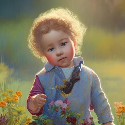 Toddler in Garden: Art Nouveau Style Portrait