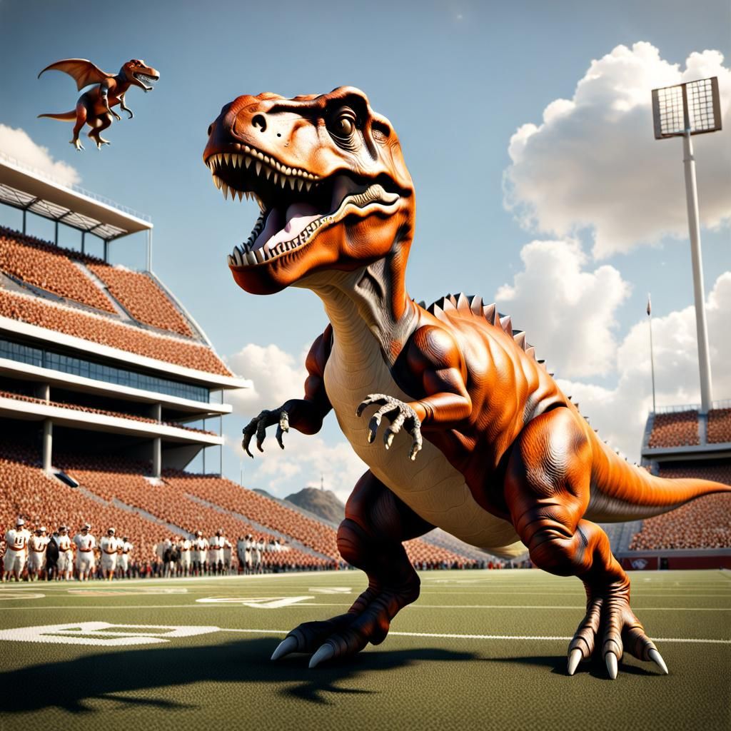Baby T-Rex in Longhorns Costume on Football Field