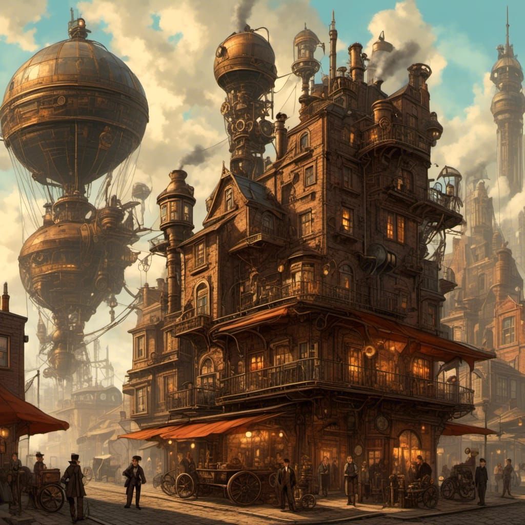 Steampunk Adventurer in Victorian Cityscape with Airships