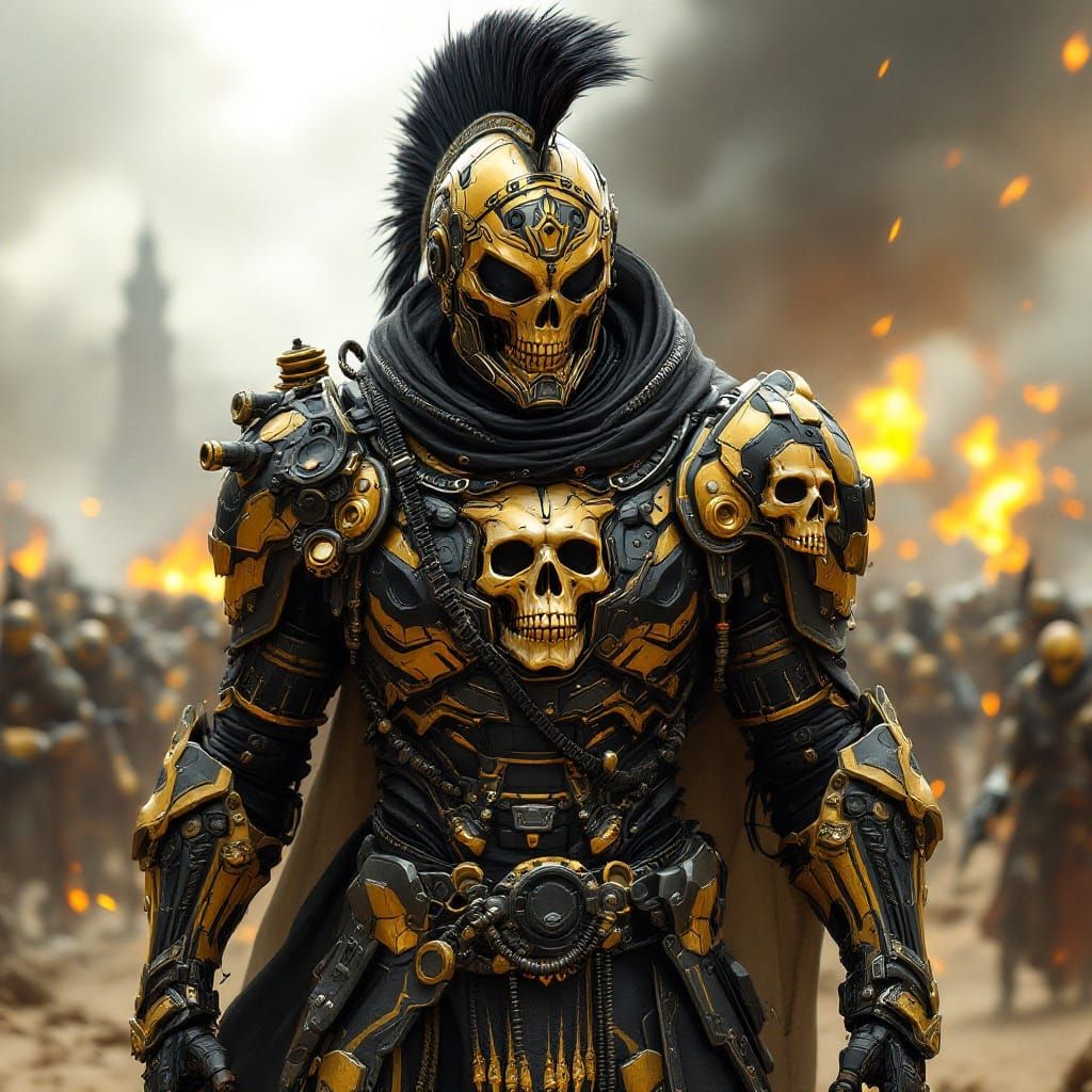 Techno-Futuristic Soldier in Roman and Aztec-Inspired Skullp...