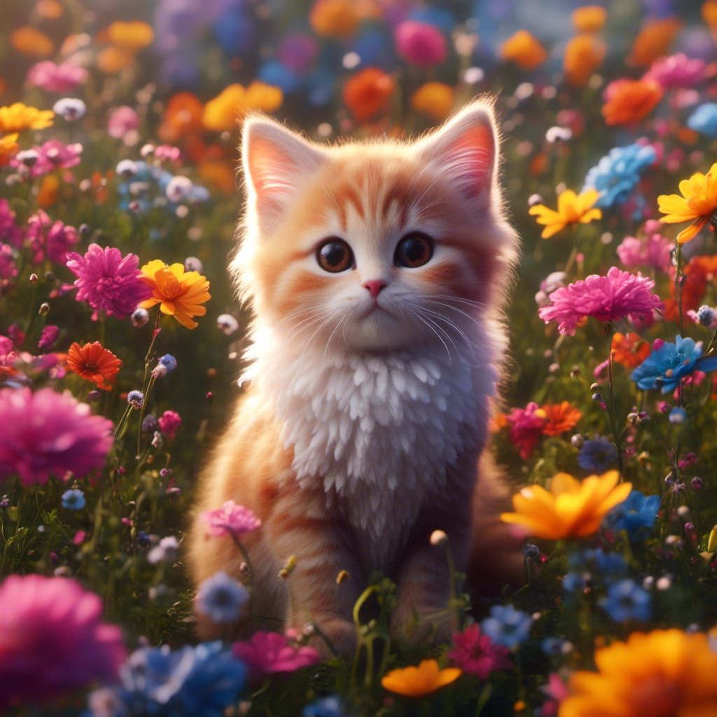 Adorable Kitten in a Colorful Flower Field
