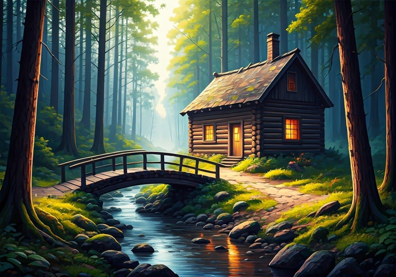 Hyperrealistic Cabin Scene in Vibrant Digital Art