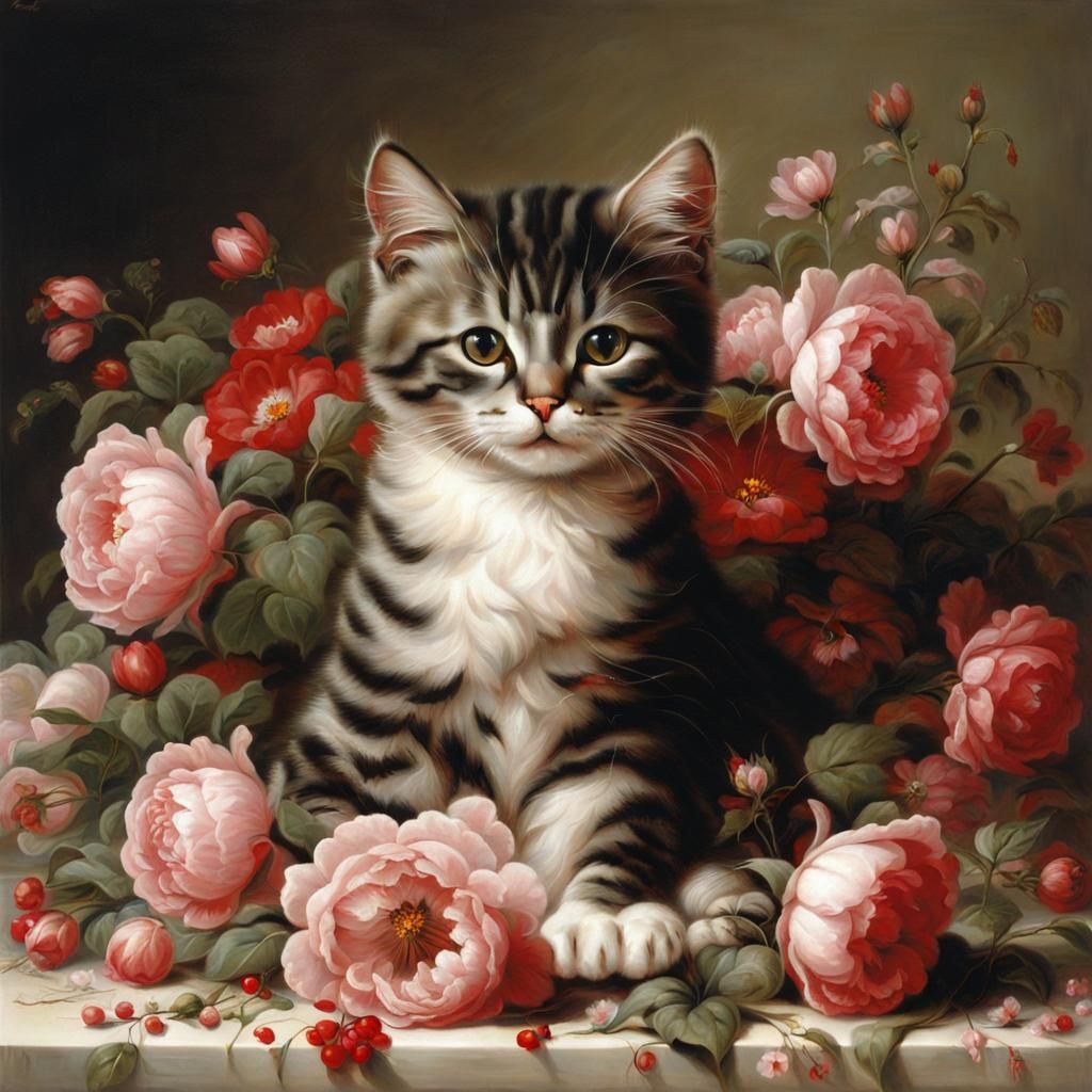 Cat Surrounded by Flowers in Baroque Style