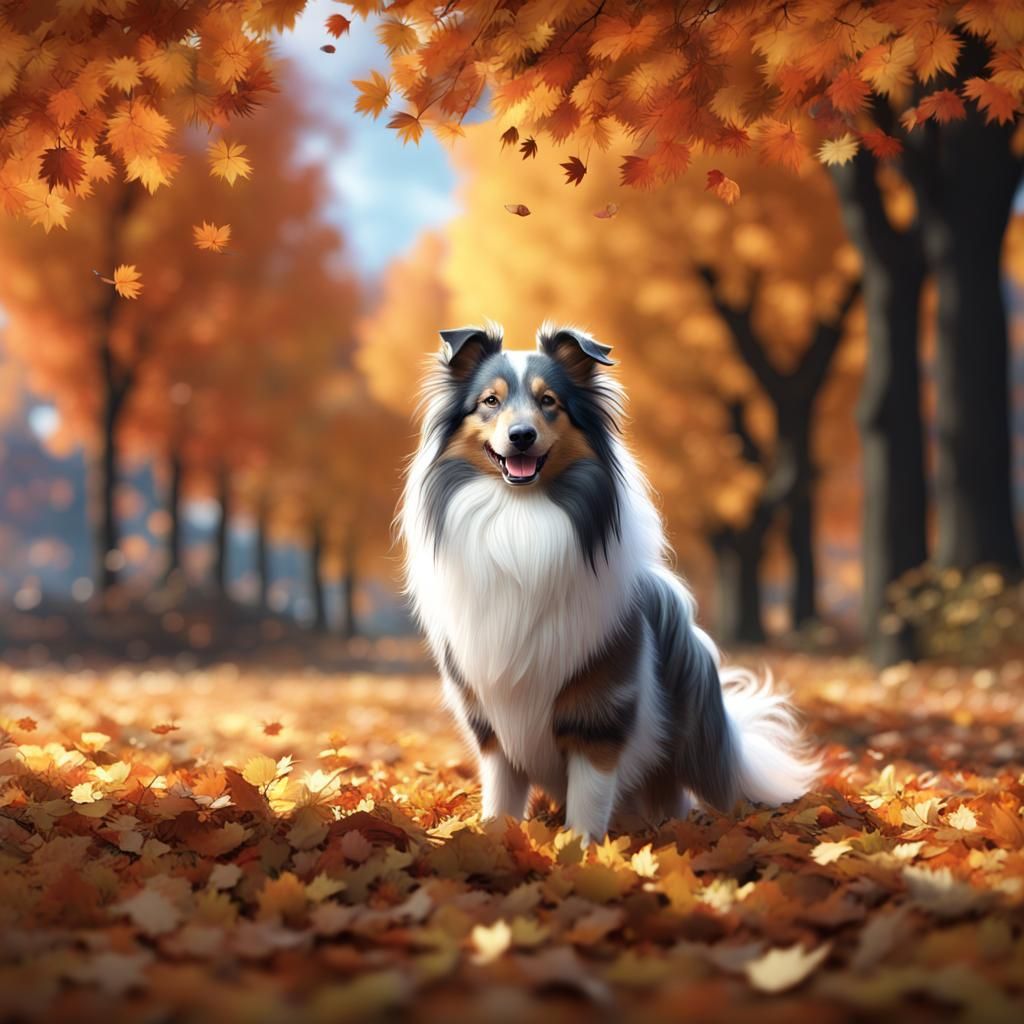 Blue Merle Sheltie in Autumn Leaves, Fantasy Art