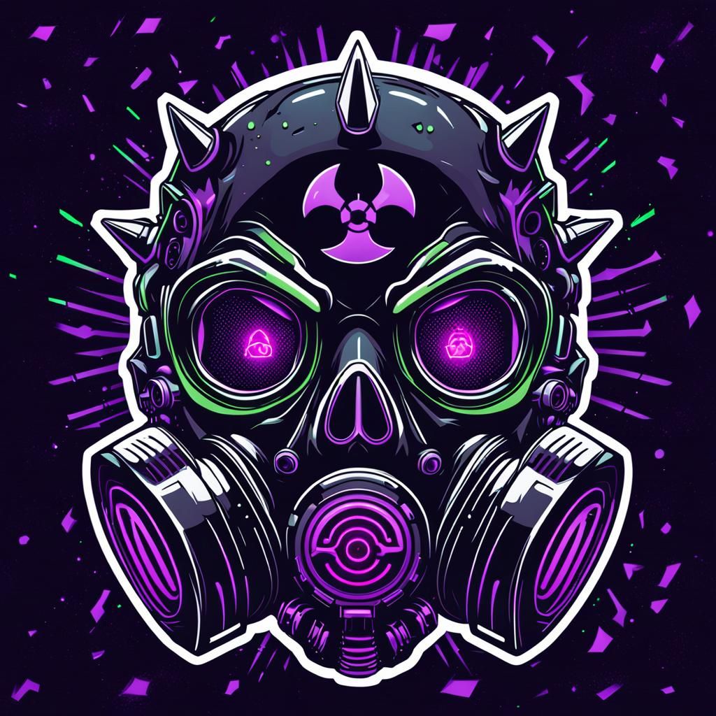 Futuristic Demon Skull with Neon Biohazard Symbols