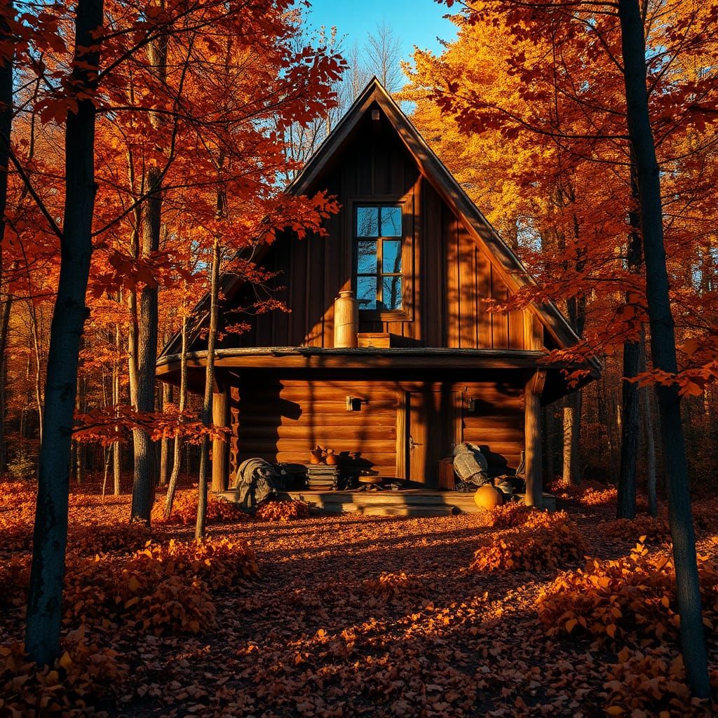 Autumn Cabin in Forest with Golden Light