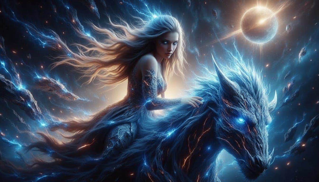 Celestial Goddess Riding Cosmic Beast Through Nebula