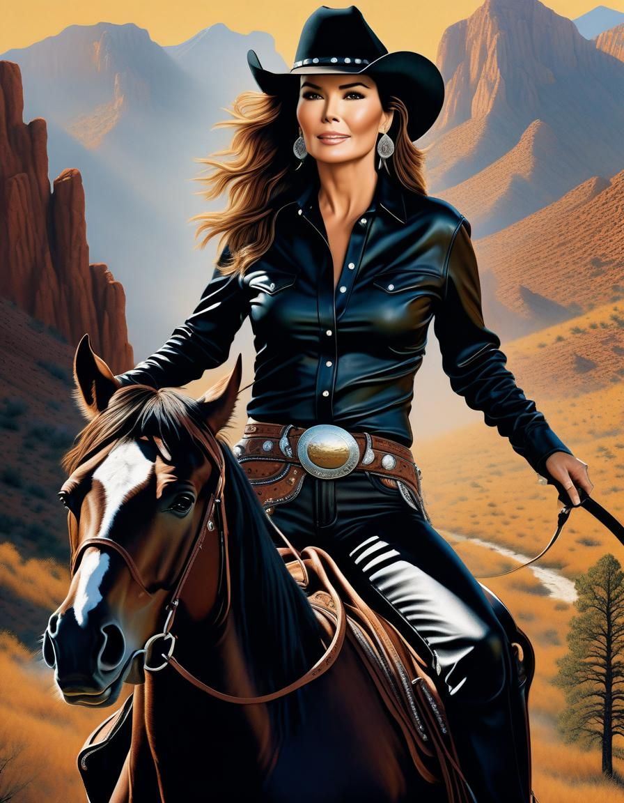 Shania Twain Rides a Horse: Oil Painting Illustration