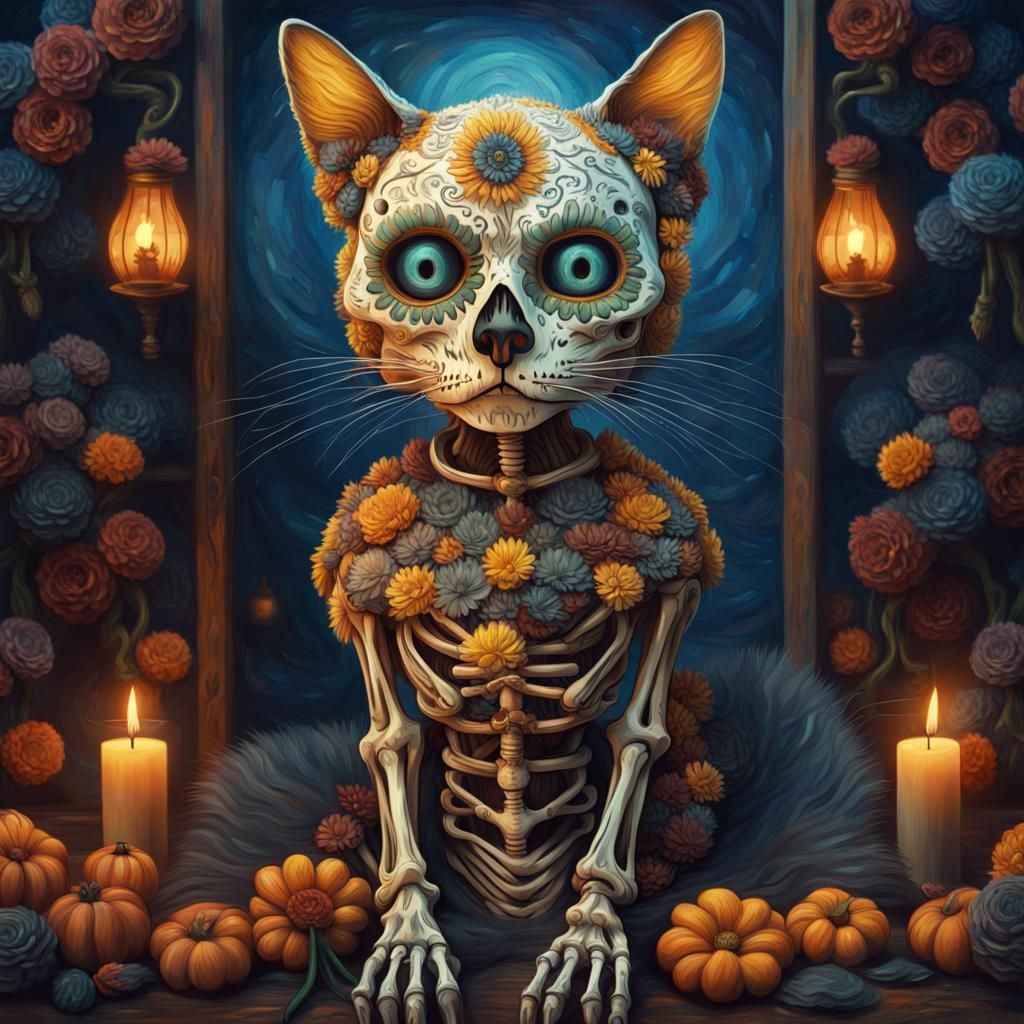 Day of the Dead Cat in Van Gogh Style